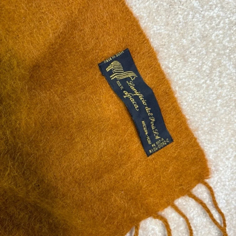 LANIFICIO DEL PERU 100% Alpaca Scarf Mustard Fringed Winter Boho 13X46‎